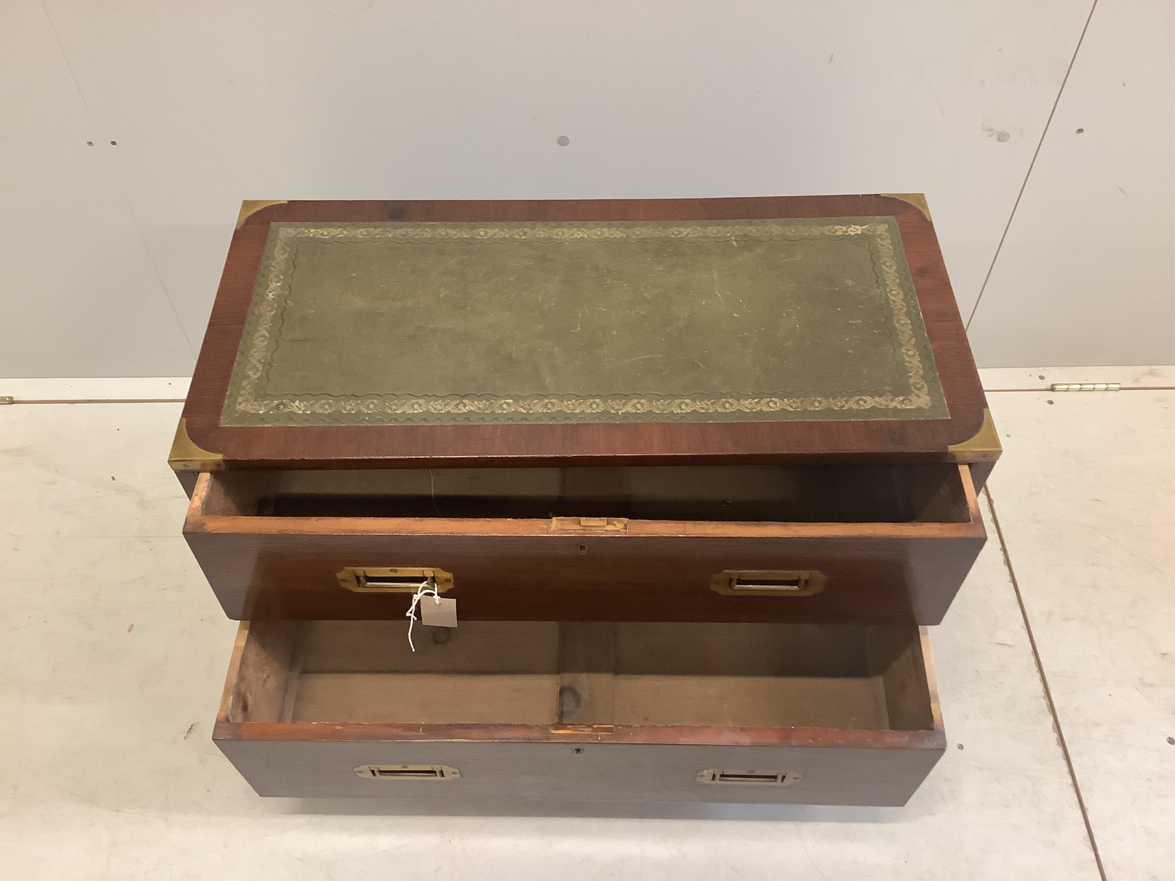 A military style mahogany leather topped two drawer chest, width 76cm, depth 36cm, height 52cm. Condition - fair to good